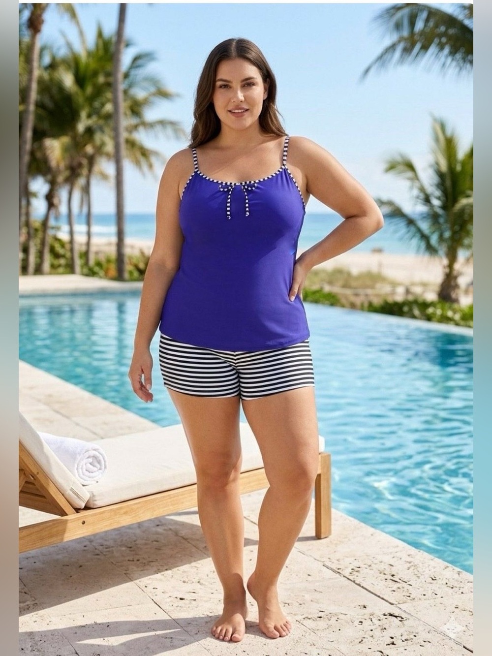 NWOT Purple Tankini Top with Black & White Striped Shorts 2PC 5X